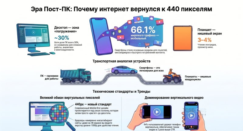 Эра пост-ПК: Как интернет пережил расширение экранов и вернулся к 440 пикселям