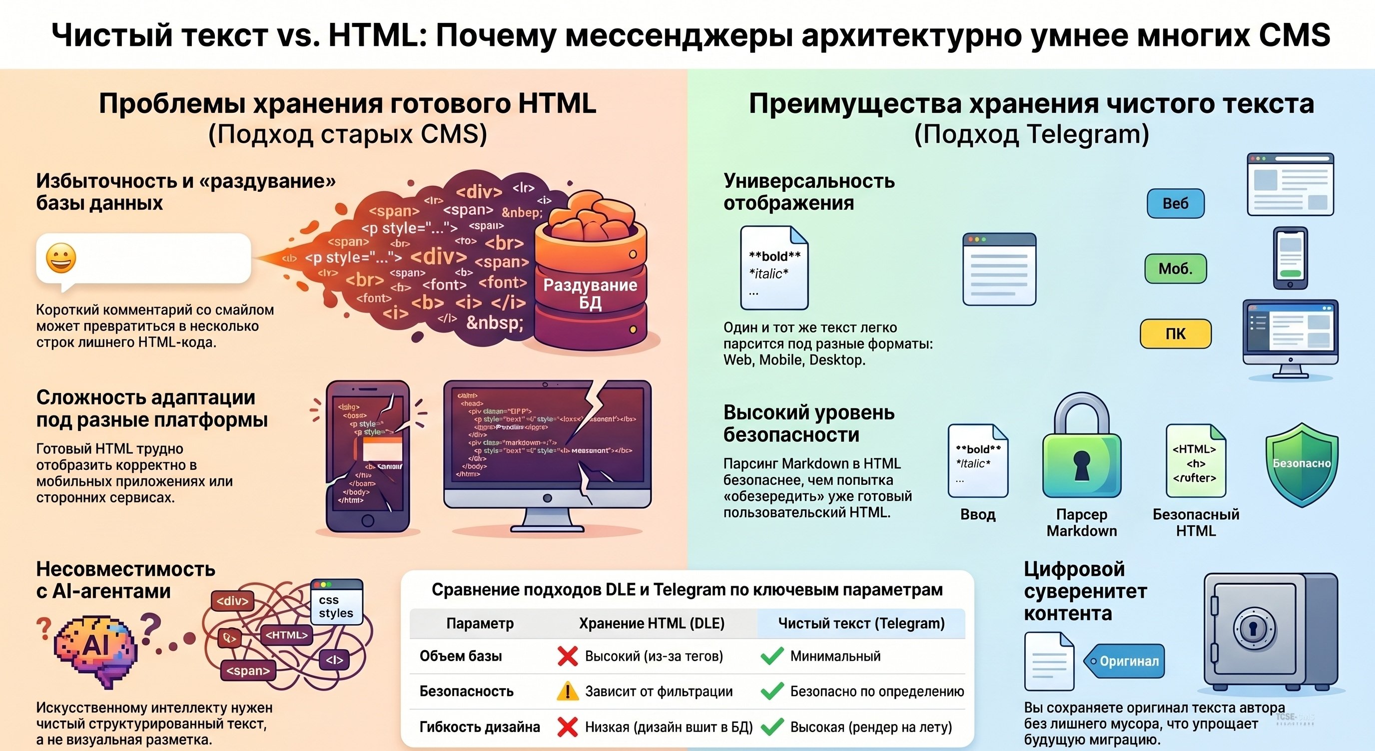 Священная война разметок: Почему DLE хранит HTML, а Telegram — чистый текст